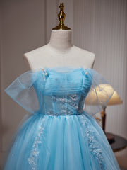 Wedding Flower, Light Blue Beaded Sweetheart Tulle Lace-up Party Dress, Blue Short Homecoming Dress