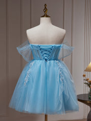 Fall Wedding, Light Blue Beaded Sweetheart Tulle Lace-up Party Dress, Blue Short Homecoming Dress