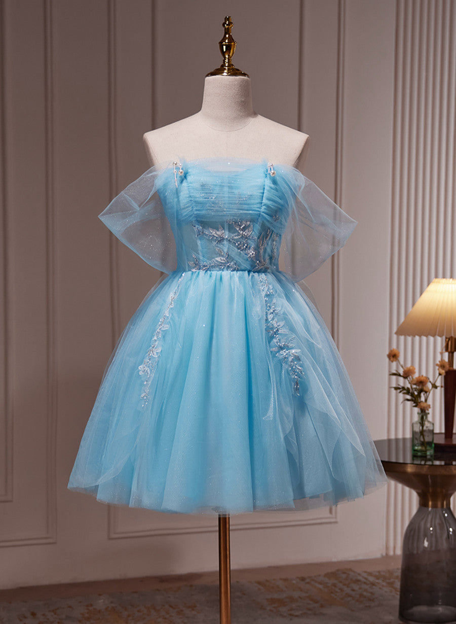 Winter Formal Dress, Light Blue Beaded Sweetheart Tulle Lace-up Party Dress, Blue Short Homecoming Dress
