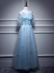 Bridesmaids Dress Gold, Light Blue Flowers Long Party Dress, A-line Tulle Party Dress Evening Dress