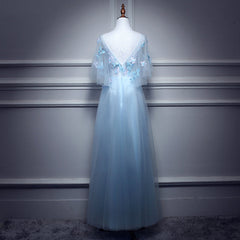 Bridesmaid Dress Tulle, Light Blue Flowers Long Party Dress, A-line Tulle Party Dress Evening Dress