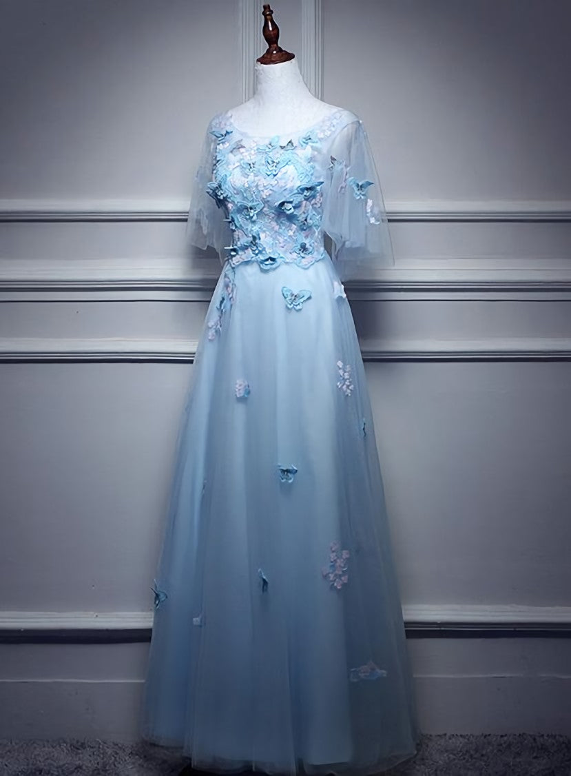 Bridesmaid Dress Gold, Light Blue Flowers Long Party Dress, A-line Tulle Party Dress Evening Dress