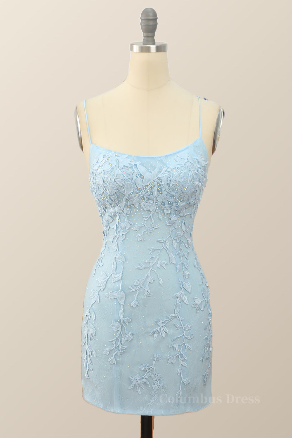 Homecoming Dresses Vintage, Light Blue Lace Straps Tight Mini Dress