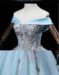 Bridesmaides Dress Ideas, Light Blue Off Shoulder Flowers Tulle Long Party Dress, Light Blue Sweet 16 Dress