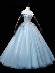 Bridesmaid Dresses Idea, Light Blue Off Shoulder Flowers Tulle Long Party Dress, Light Blue Sweet 16 Dress