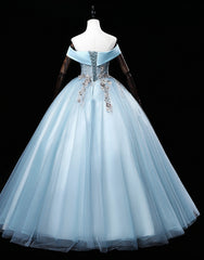 Bridesmaids Dress Ideas, Light Blue Off Shoulder Flowers Tulle Long Party Dress, Light Blue Sweet 16 Dress