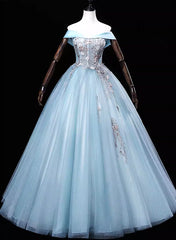 Bridesmaids Dresses Idea, Light Blue Off Shoulder Flowers Tulle Long Party Dress, Light Blue Sweet 16 Dress