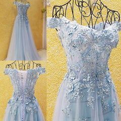 Party Dresses Outfit, Light Blue Off Shoulder Long Party Dress with Flowers, Tulle Blue Evening Dress Prom Dress