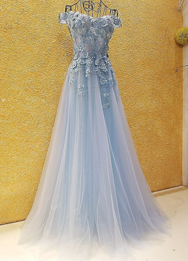 Party Dress Classy, Light Blue Off Shoulder Long Party Dress with Flowers, Tulle Blue Evening Dress Prom Dress