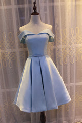 Prom Dresses 2033, Light Blue Off Shoulder Satin Bridesmaid Dress, Blue Short Formal Dress