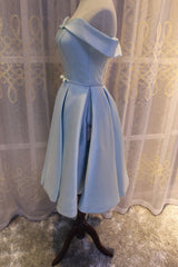 Prom Dresses Long Elegant, Light Blue Off Shoulder Satin Bridesmaid Dress, Blue Short Formal Dress