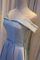Prom Dress Long Elegent, Light Blue Off Shoulder Satin Bridesmaid Dress, Blue Short Formal Dress