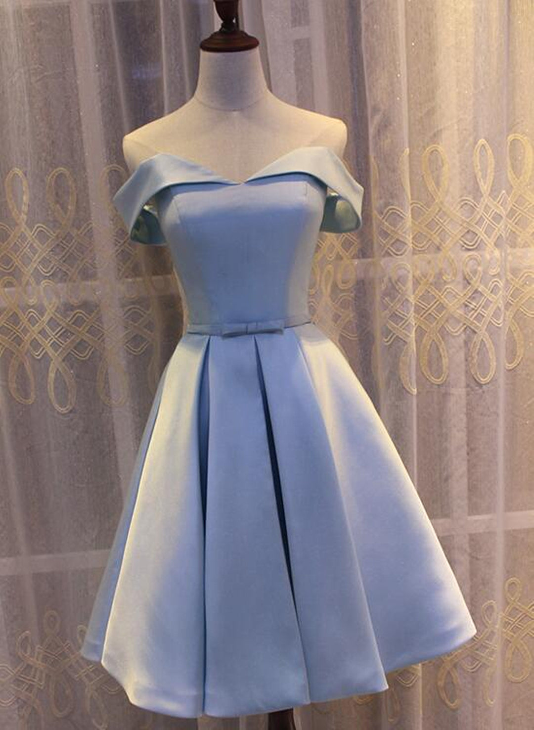 Prom Dresses2026, Light Blue Off Shoulder Satin Bridesmaid Dress, Blue Short Formal Dress