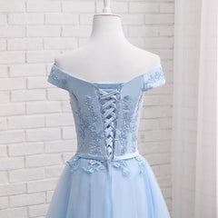 Homecoming Dress Modest, Light Blue Off Shoulder Tulle Party Dress, Blue Homecoming Dresses