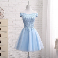 Homecoming Dress Chiffon, Light Blue Off Shoulder Tulle Party Dress, Blue Homecoming Dresses
