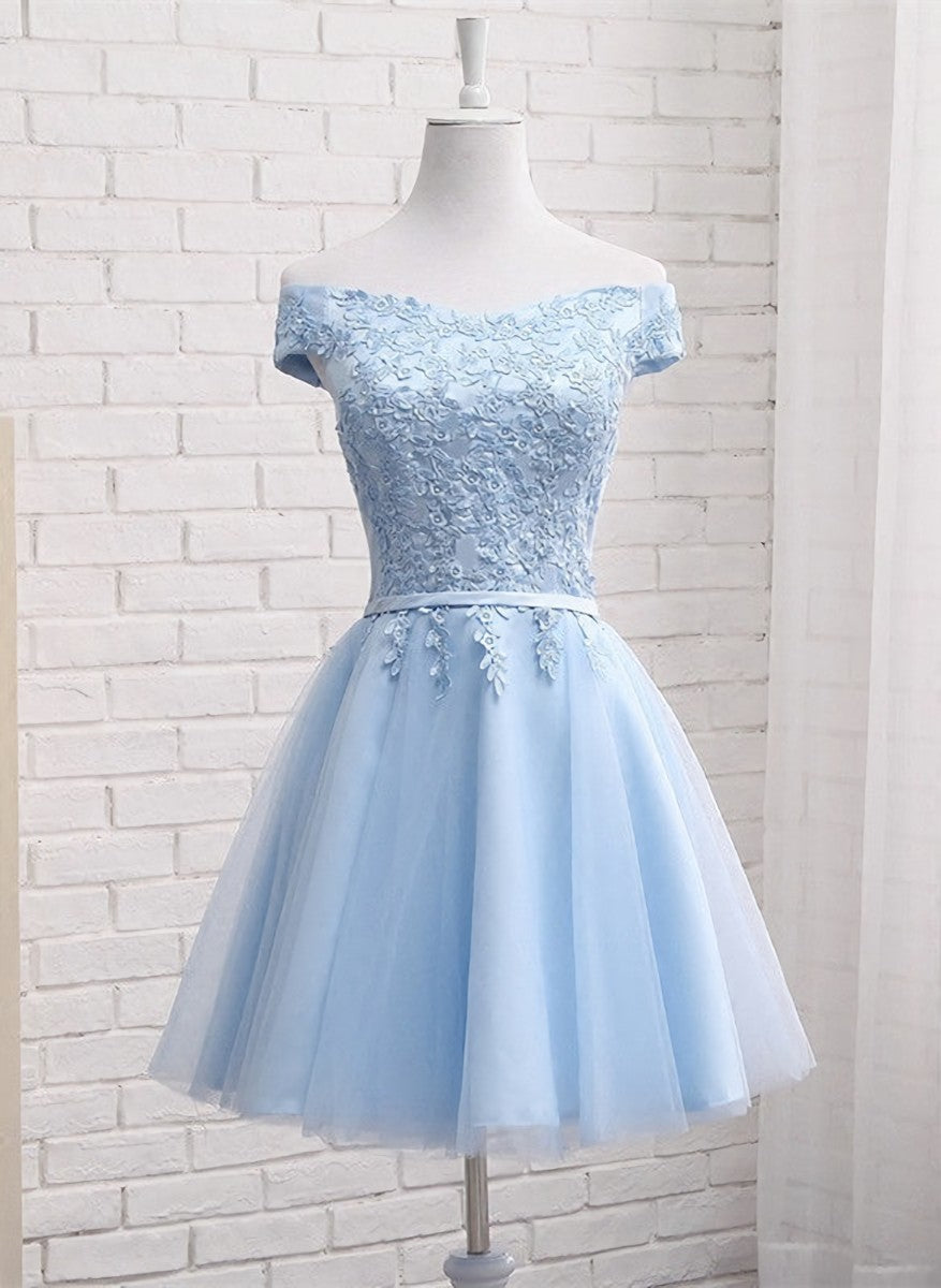 Homecoming Dresses Modest, Light Blue Off Shoulder Tulle Party Dress, Blue Homecoming Dresses