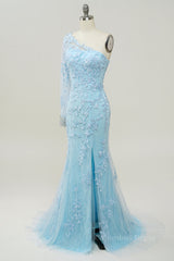 Prom Dress 2022, Light Blue One Shoulder Appliques Mermaid Long Prom Dress with Slit