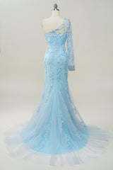 Prom Dresses2022, Light Blue One Shoulder Appliques Mermaid Long Prom Dress with Slit