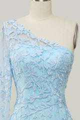 Prom Dresses Princesses, Light Blue One Shoulder Appliques Mermaid Long Prom Dress with Slit