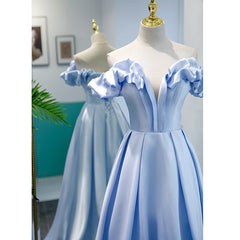 Party Dress For Girl, Light Blue Satin A-line Off Shoulder Long Formal Dress, Light Blue Evening Dress Prom Dress