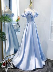 Party Dresses For Girl, Light Blue Satin A-line Off Shoulder Long Formal Dress, Light Blue Evening Dress Prom Dress