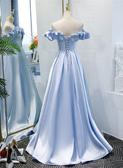 Night Out Outfit, Light Blue Satin A-line Off Shoulder Long Formal Dress, Light Blue Evening Dress Prom Dress