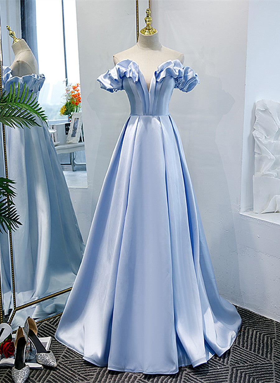 Party Outfit, Light Blue Satin A-line Off Shoulder Long Formal Dress, Light Blue Evening Dress Prom Dress