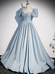 Party Dress With Glitter, Light Blue Satin Long Prom Dress, Light Blue Formal Sweet 16 dress