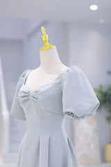Flower Girl, Light Blue Satin Long Prom Dress with Pearls, A-Line Short Sleeve Party Dress