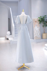 Bride Dress, Light Blue Satin Long Prom Dress with Pearls, A-Line Short Sleeve Party Dress