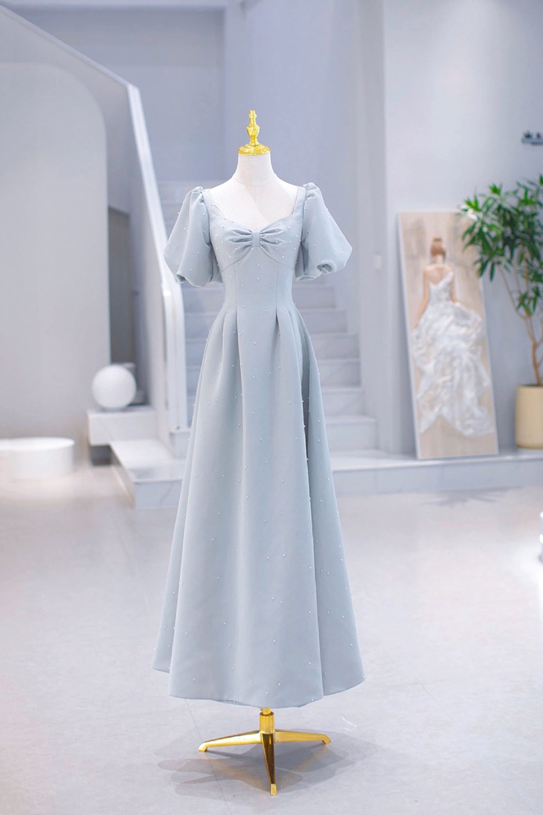 Wedding Photography, Light Blue Satin Long Prom Dress with Pearls, A-Line Short Sleeve Party Dress