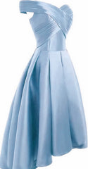 Long Dress, Light Blue Satin Off Shoulder High Low Party Dress Homecoming Dresses, Short Prom Dress