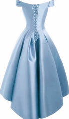 Blue Dress, Light Blue Satin Off Shoulder High Low Party Dress Homecoming Dresses, Short Prom Dress