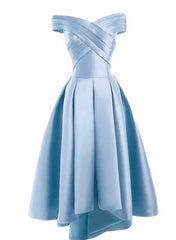 Fancy Dress, Light Blue Satin Off Shoulder High Low Party Dress Homecoming Dresses, Short Prom Dress