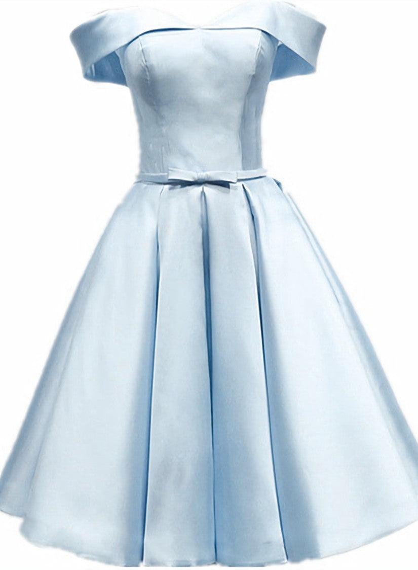 Prom Dresses Two Pieces, Light Blue Satin Off Shoulder Knee Length Homeoming Dress, Blue Short Prom Dress