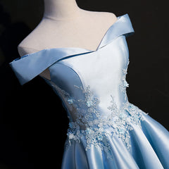 Mermaid Wedding Dress, Light Blue Satin with Lace Applique High Low Homecoming Dress, Blue Short Off Shoulder Formal Dress