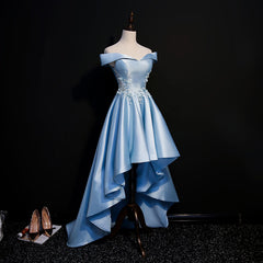 Wedding Photo Ideas, Light Blue Satin with Lace Applique High Low Homecoming Dress, Blue Short Off Shoulder Formal Dress