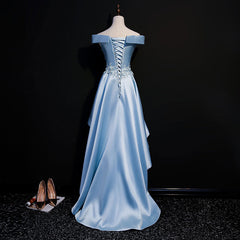 Wedding Inspo, Light Blue Satin with Lace Applique High Low Homecoming Dress, Blue Short Off Shoulder Formal Dress