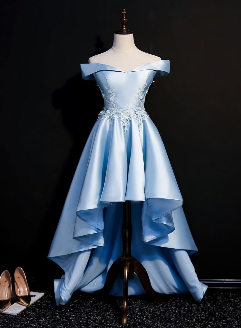 Wedding Photo, Light Blue Satin with Lace Applique High Low Homecoming Dress, Blue Short Off Shoulder Formal Dress
