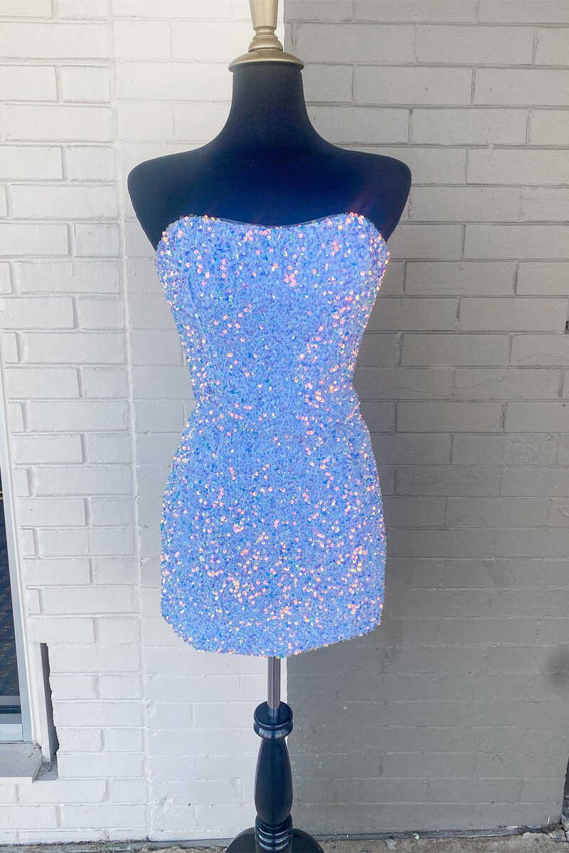 Homecoming Dress 2035, Light Blue Sequin Strapless Mini Homecoming Dress Cocktail Dresses Parties
