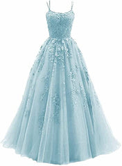 Classy Outfit, Light Blue Straps Cross Back Tulle with Lace Applique Prom Dress, Blue Formal Dress