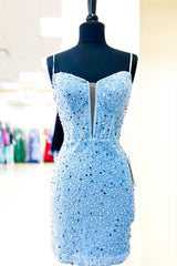 Wedding Dress Outfits, Light Blue Straps Sheath Beaded Sequined Cocktail Dresses Wedding