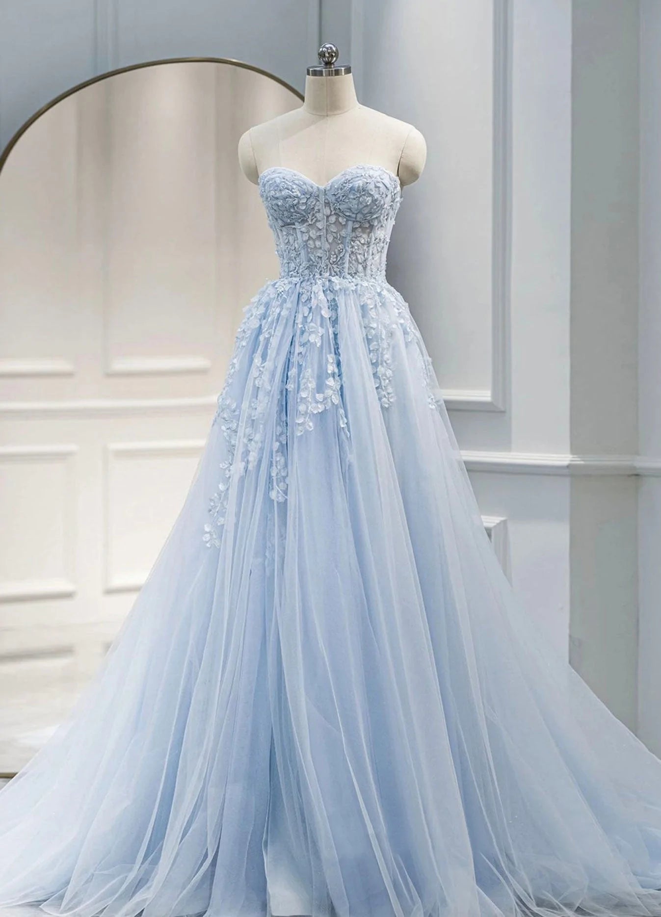 Wedding Dress With Sleeved, Light Blue Sweetheart Tulle with Lace Long Wedding Party Dress, Blue Prom Dress