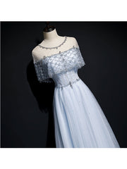 Party Dress Reception Wedding, Light Blue Tulle A-line Long Party Dress, Blue Prom Dresses