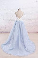 Wedding Dresses For Bride Boho, Light Blue Tulle and White Top Long Wedding Party Gowns, Straps Junior Prom Dress