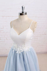 Wedding Dresses Princesses, Light Blue Tulle and White Top Long Wedding Party Gowns, Straps Junior Prom Dress
