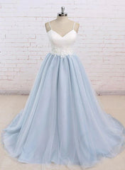 Wedding Dress Lace Simple, Light Blue Tulle and White Top Long Wedding Party Gowns, Straps Junior Prom Dress