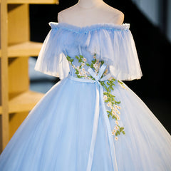 Summer Wedding, Light Blue Tulle Off Shoulder with Lace Applique Prom Dress, Blue Long Party Dress