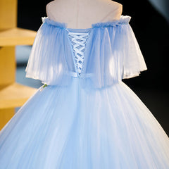 Bridal Shoes, Light Blue Tulle Off Shoulder with Lace Applique Prom Dress, Blue Long Party Dress
