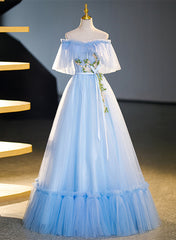 Long Sleeve Dress, Light Blue Tulle Off Shoulder with Lace Applique Prom Dress, Blue Long Party Dress